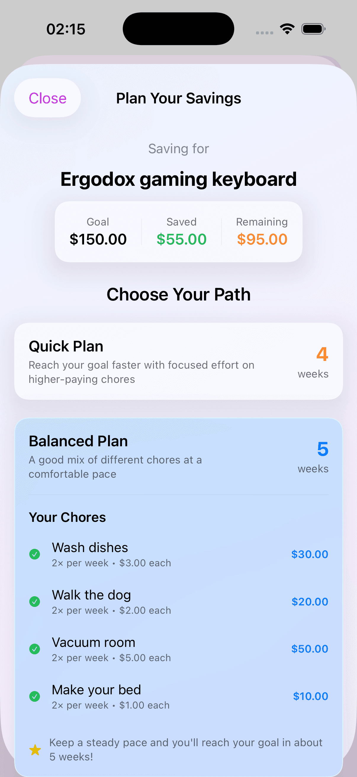 EarnIt AI chore planner — Quick, Balanced, and Steady plans