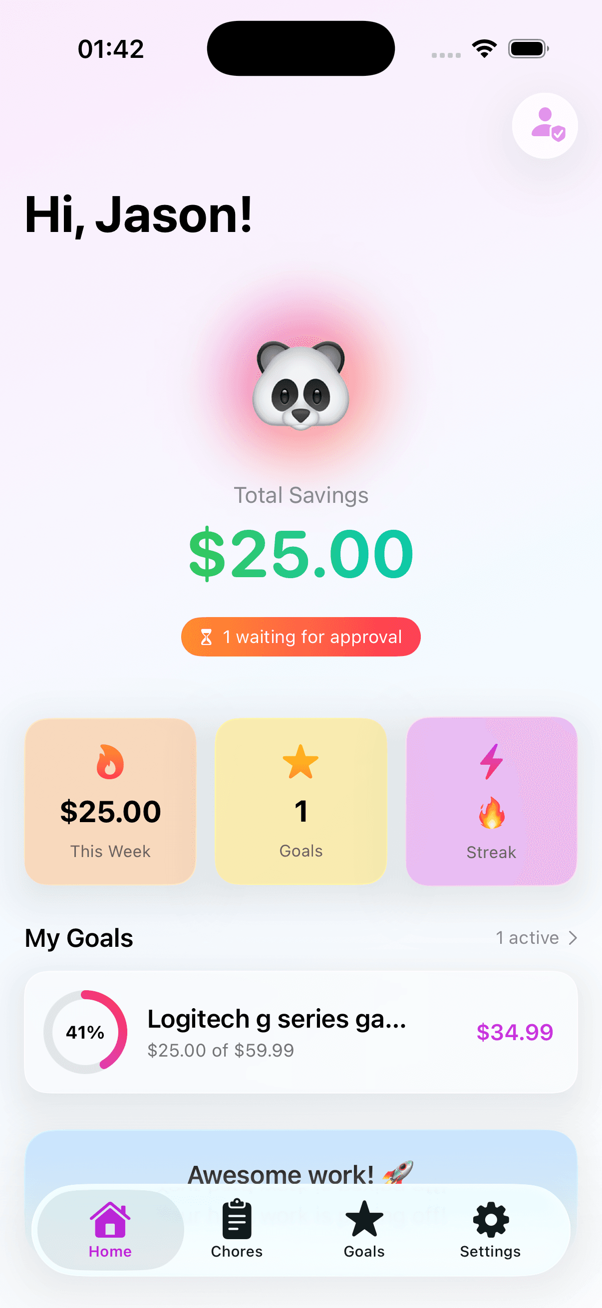 EarnIt child home screen showing savings progress