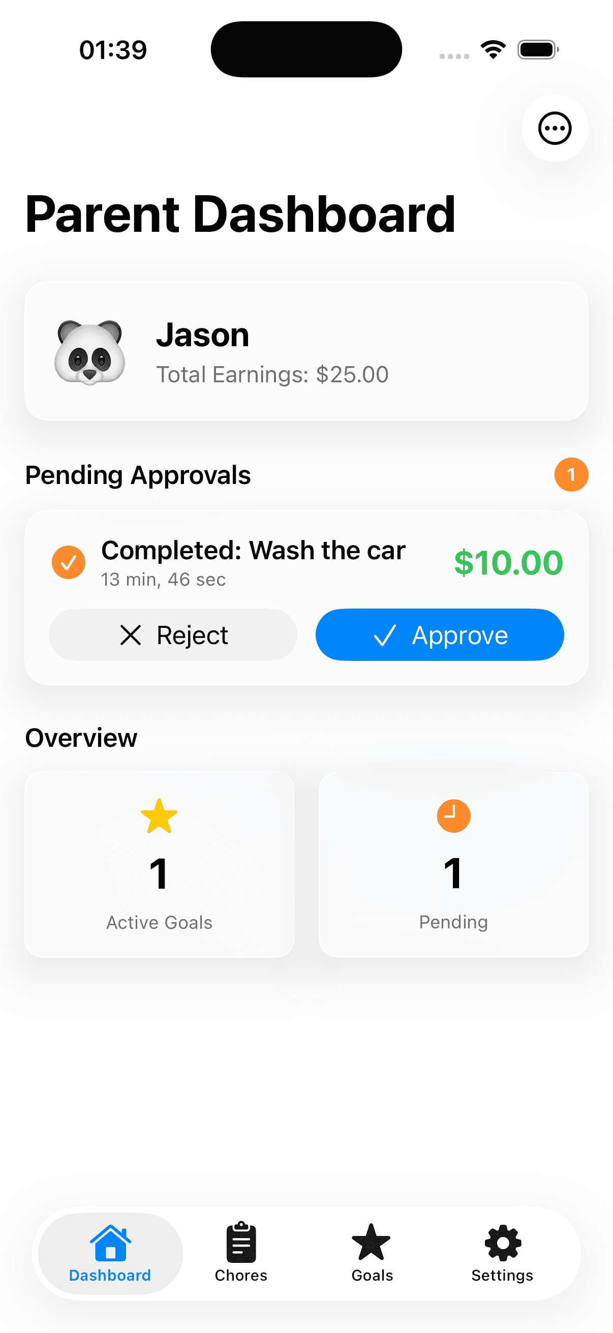 EarnIt parent dashboard — pending approvals and overview